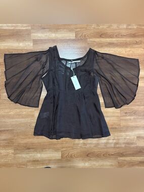 Leon Max Women's 100% Silk Blouse Brown Flutter Bell Sleeve Whimsigoth Fairy M